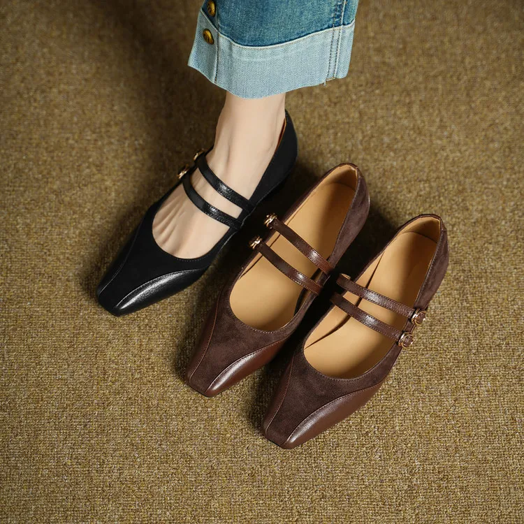 Early Spring Single Shoes, Square Toe, Hidden Wedge Buckle, Sheepskin Fashion Women's Shoes, 1-20g, Trendy Patchwork