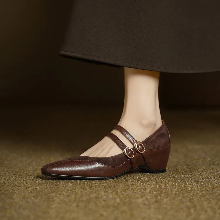 Early Spring Single Shoes, Square Toe, Hidden Wedge Buckle, Sheepskin Fashion Women's Shoes, 1-20g, Trendy Patchwork