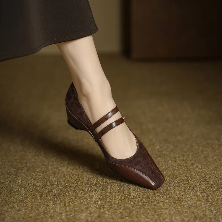 Early Spring Single Shoes, Square Toe, Hidden Wedge Buckle, Sheepskin Fashion Women's Shoes, 1-20g, Trendy Patchwork