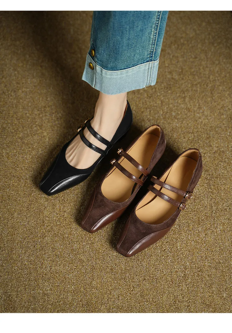 Early Spring Single Shoes, Square Toe, Hidden Wedge Buckle, Sheepskin Fashion Women's Shoes, 1-20g, Trendy Patchwork
