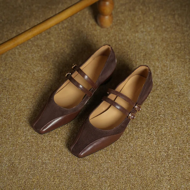 Early Spring Single Shoes, Square Toe, Hidden Wedge Buckle, Sheepskin Fashion Women's Shoes, 1-20g, Trendy Patchwork
