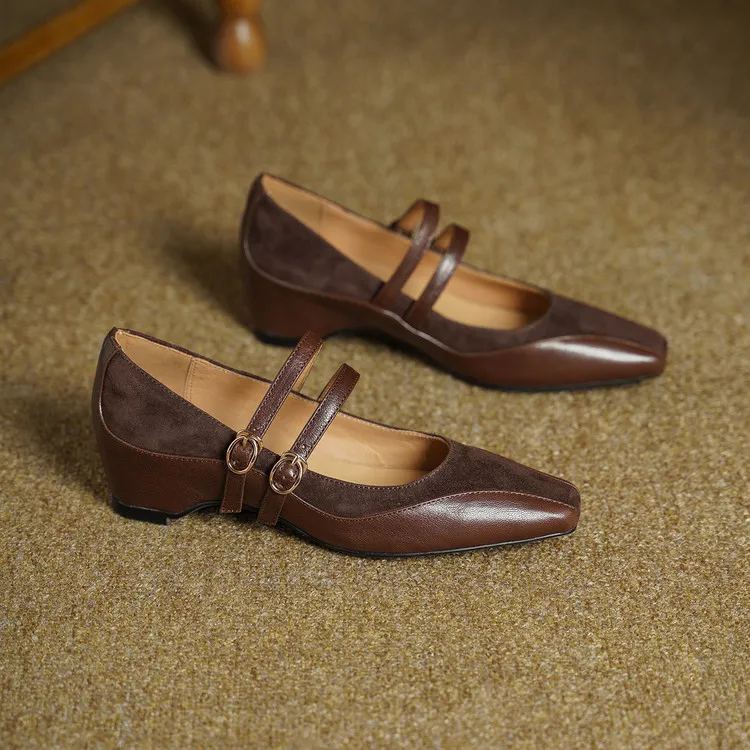 Early Spring Single Shoes, Square Toe, Hidden Wedge Buckle, Sheepskin Fashion Women's Shoes, 1-20g, Trendy Patchwork