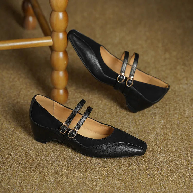 Early Spring Single Shoes, Square Toe, Hidden Wedge Buckle, Sheepskin Fashion Women's Shoes, 1-20g, Trendy Patchwork