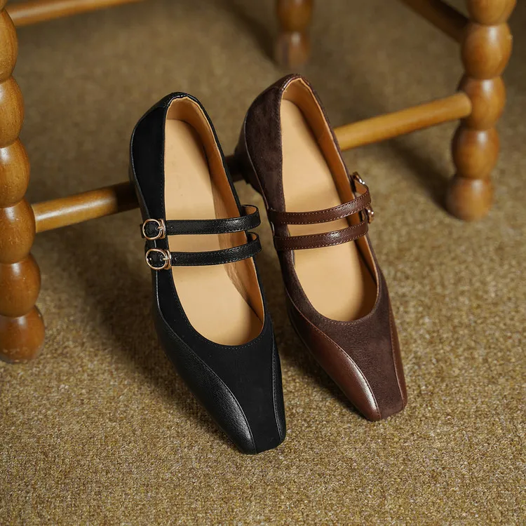 Early Spring Single Shoes, Square Toe, Hidden Wedge Buckle, Sheepskin Fashion Women's Shoes, 1-20g, Trendy Patchwork
