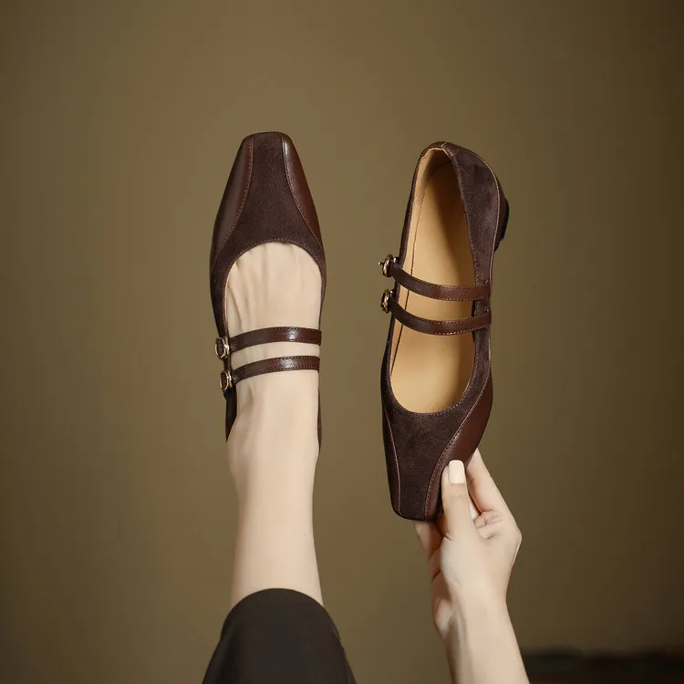 Early Spring Single Shoes, Square Toe, Hidden Wedge Buckle, Sheepskin Fashion Women's Shoes, 1-20g, Trendy Patchwork