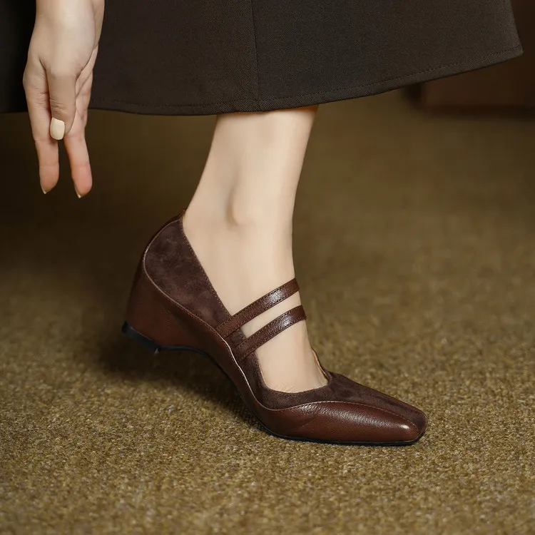 Early Spring Single Shoes, Square Toe, Hidden Wedge Buckle, Sheepskin Fashion Women's Shoes, 1-20g, Trendy Patchwork