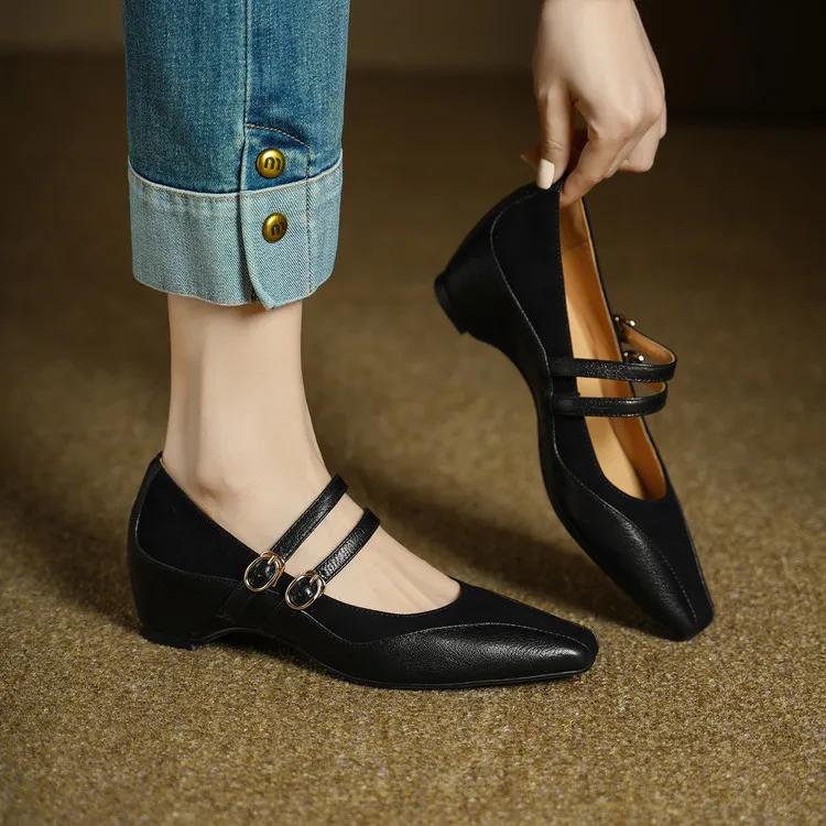 Early Spring Single Shoes, Square Toe, Hidden Wedge Buckle, Sheepskin Fashion Women's Shoes, 1-20g, Trendy Patchwork