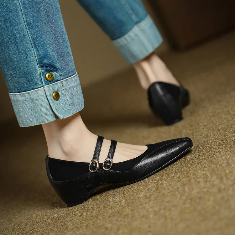 Early Spring Single Shoes, Square Toe, Hidden Wedge Buckle, Sheepskin Fashion Women's Shoes, 1-20g, Trendy Patchwork