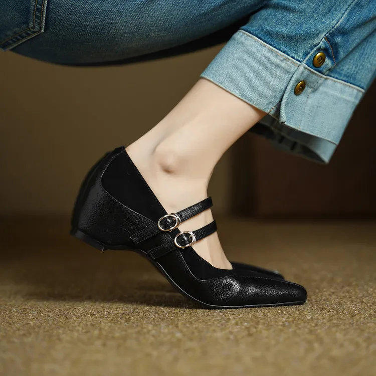Early Spring Single Shoes, Square Toe, Hidden Wedge Buckle, Sheepskin Fashion Women's Shoes, 1-20g, Trendy Patchwork