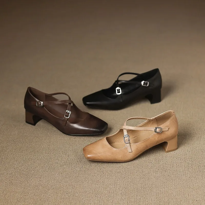 Plus-size early spring Mary Jane shoes with chunky heels, made of first-layer washed cowhide, with buckles.