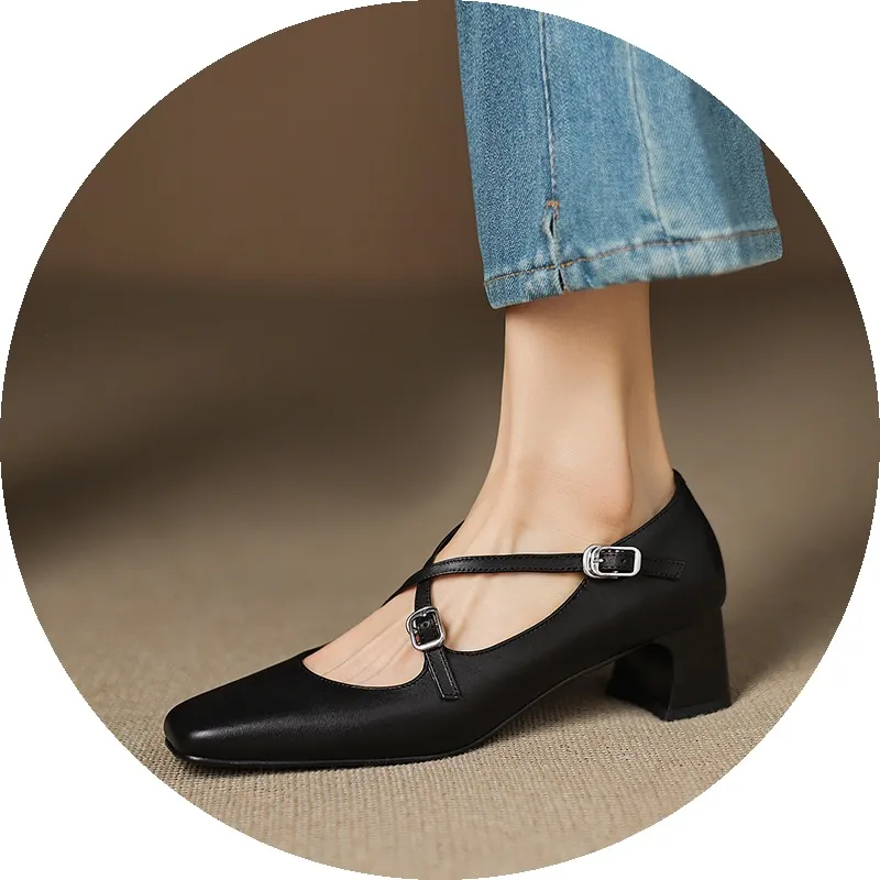 Plus-size early spring Mary Jane shoes with chunky heels, made of first-layer washed cowhide, with buckles.