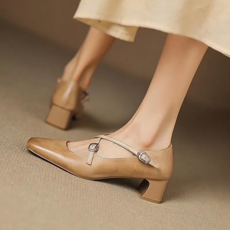 Plus-size early spring Mary Jane shoes with chunky heels, made of first-layer washed cowhide, with buckles.