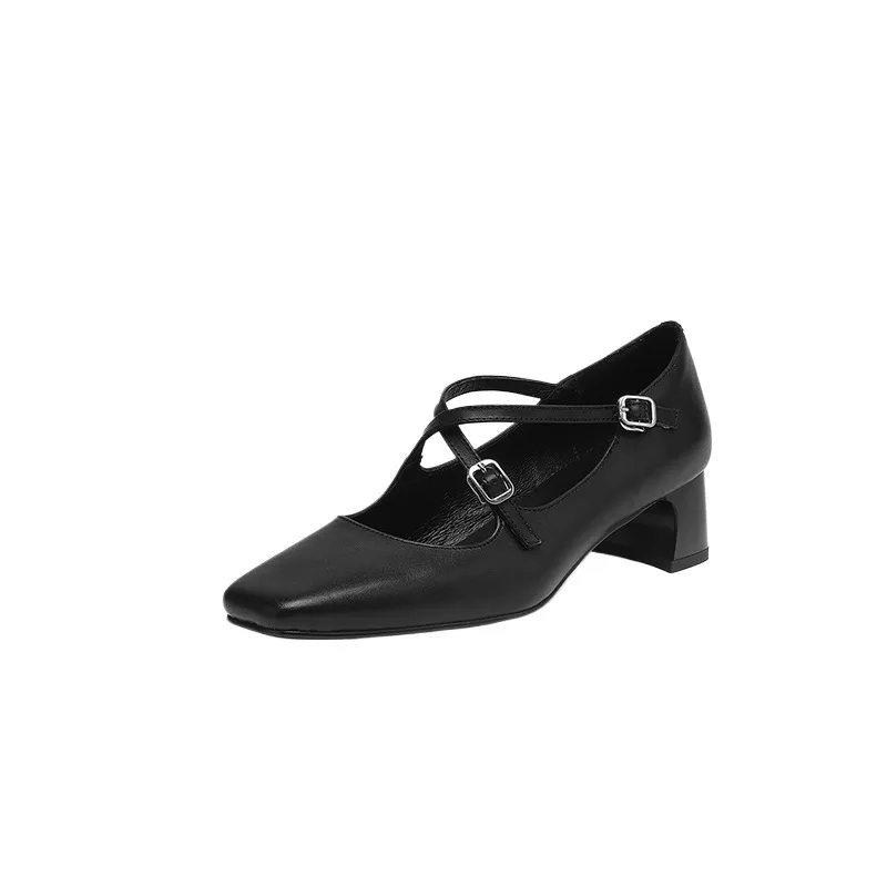 Plus-size early spring Mary Jane shoes with chunky heels, made of first-layer washed cowhide, with buckles.