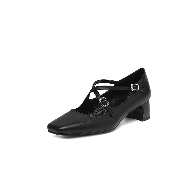 Plus-size early spring Mary Jane shoes with chunky heels, made of first-layer washed cowhide, with buckles.