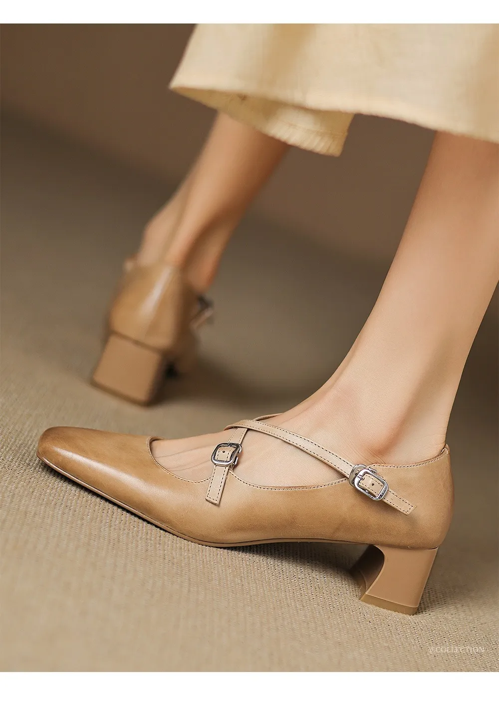Plus-size early spring Mary Jane shoes with chunky heels, made of first-layer washed cowhide, with buckles.