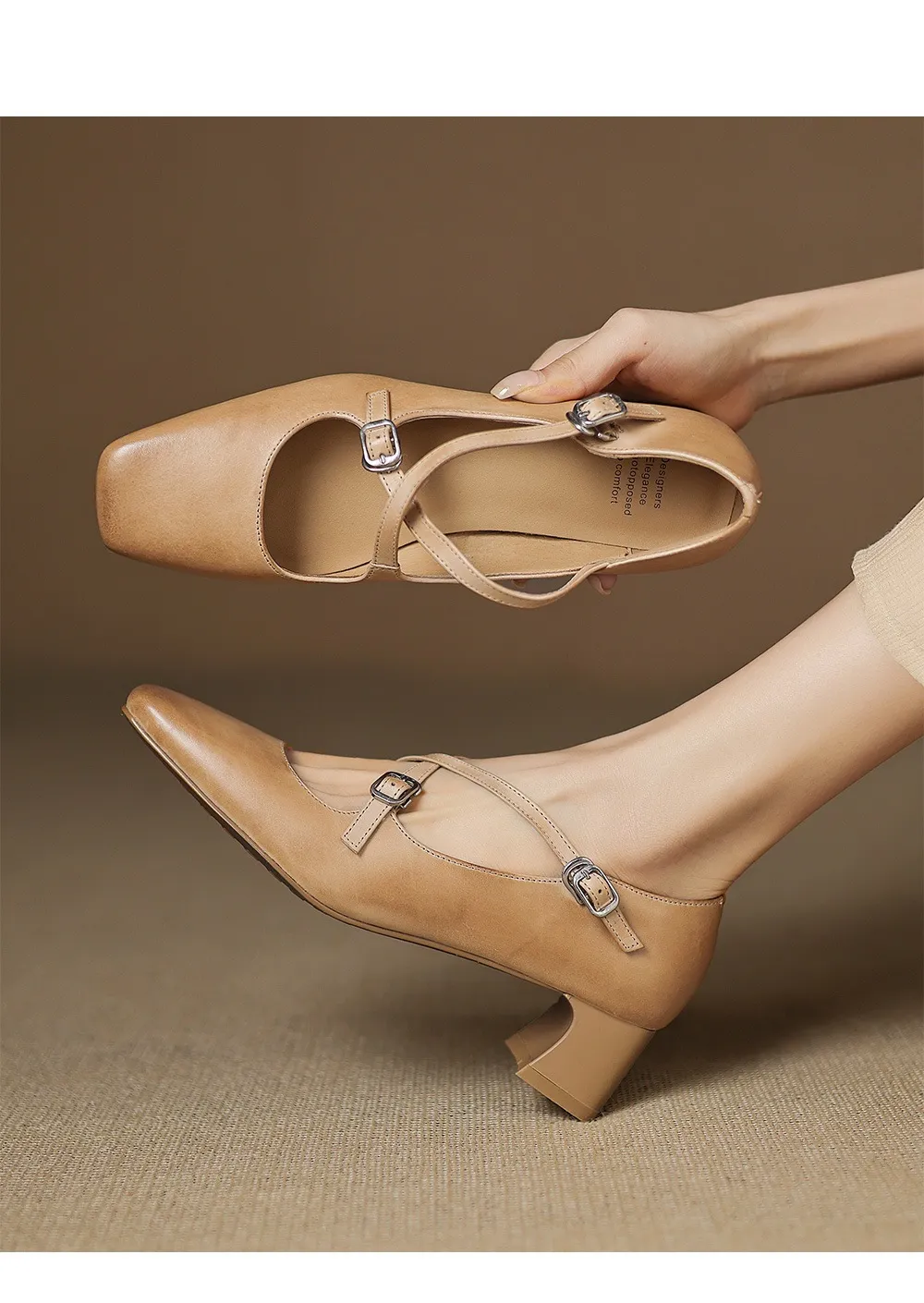 Plus-size early spring Mary Jane shoes with chunky heels, made of first-layer washed cowhide, with buckles.