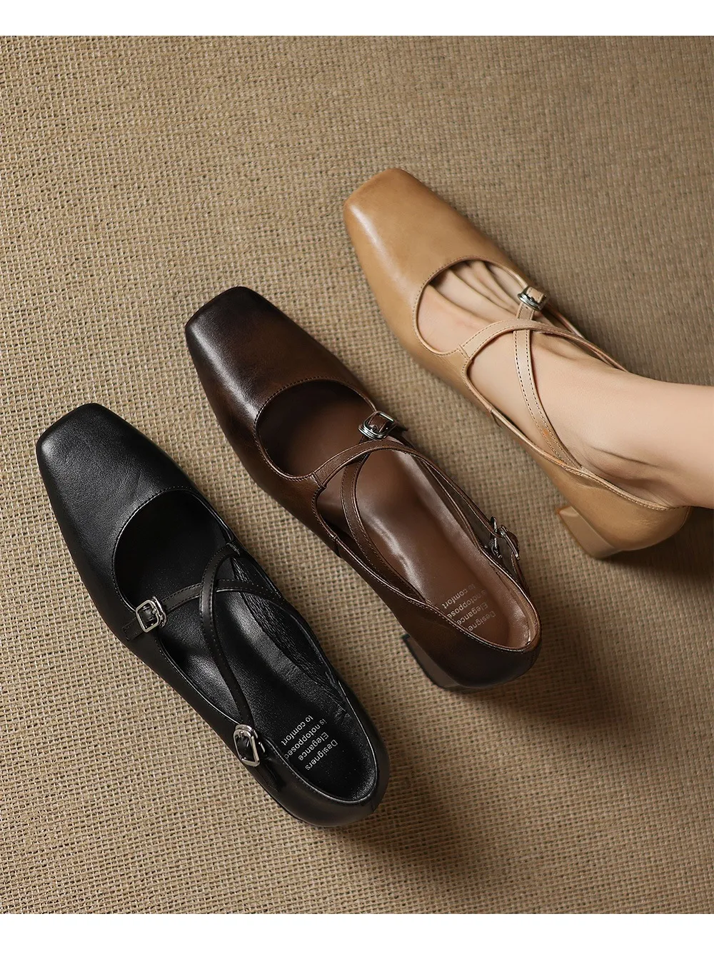 Plus-size early spring Mary Jane shoes with chunky heels, made of first-layer washed cowhide, with buckles.