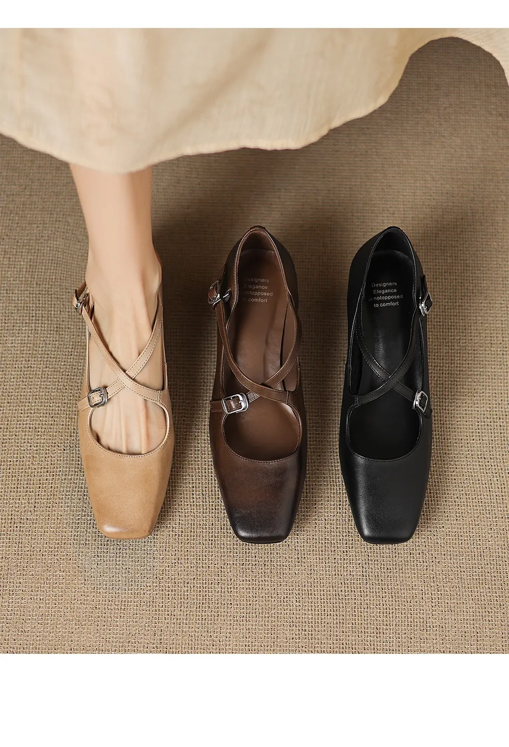 Plus-size early spring Mary Jane shoes with chunky heels, made of first-layer washed cowhide, with buckles.