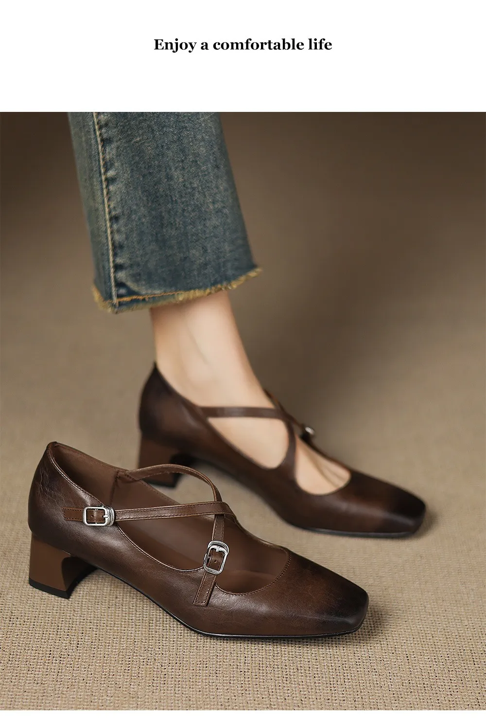 Plus-size early spring Mary Jane shoes with chunky heels, made of first-layer washed cowhide, with buckles.