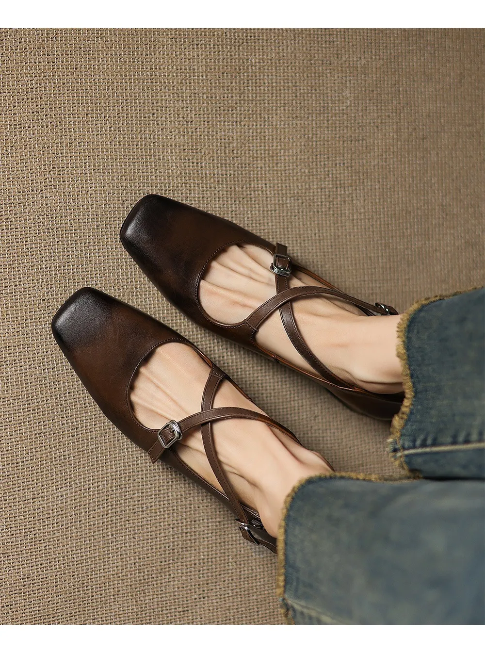 Plus-size early spring Mary Jane shoes with chunky heels, made of first-layer washed cowhide, with buckles.