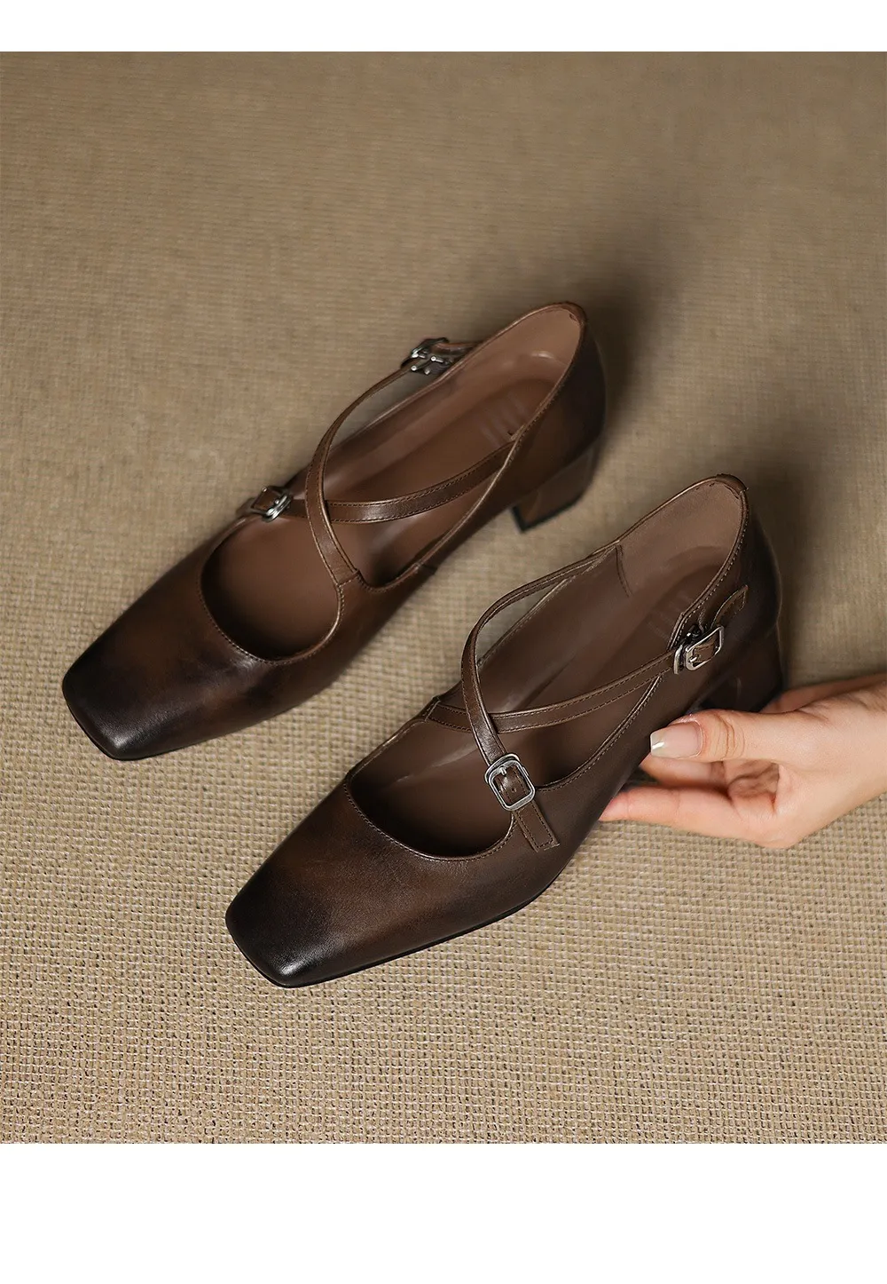 Plus-size early spring Mary Jane shoes with chunky heels, made of first-layer washed cowhide, with buckles.