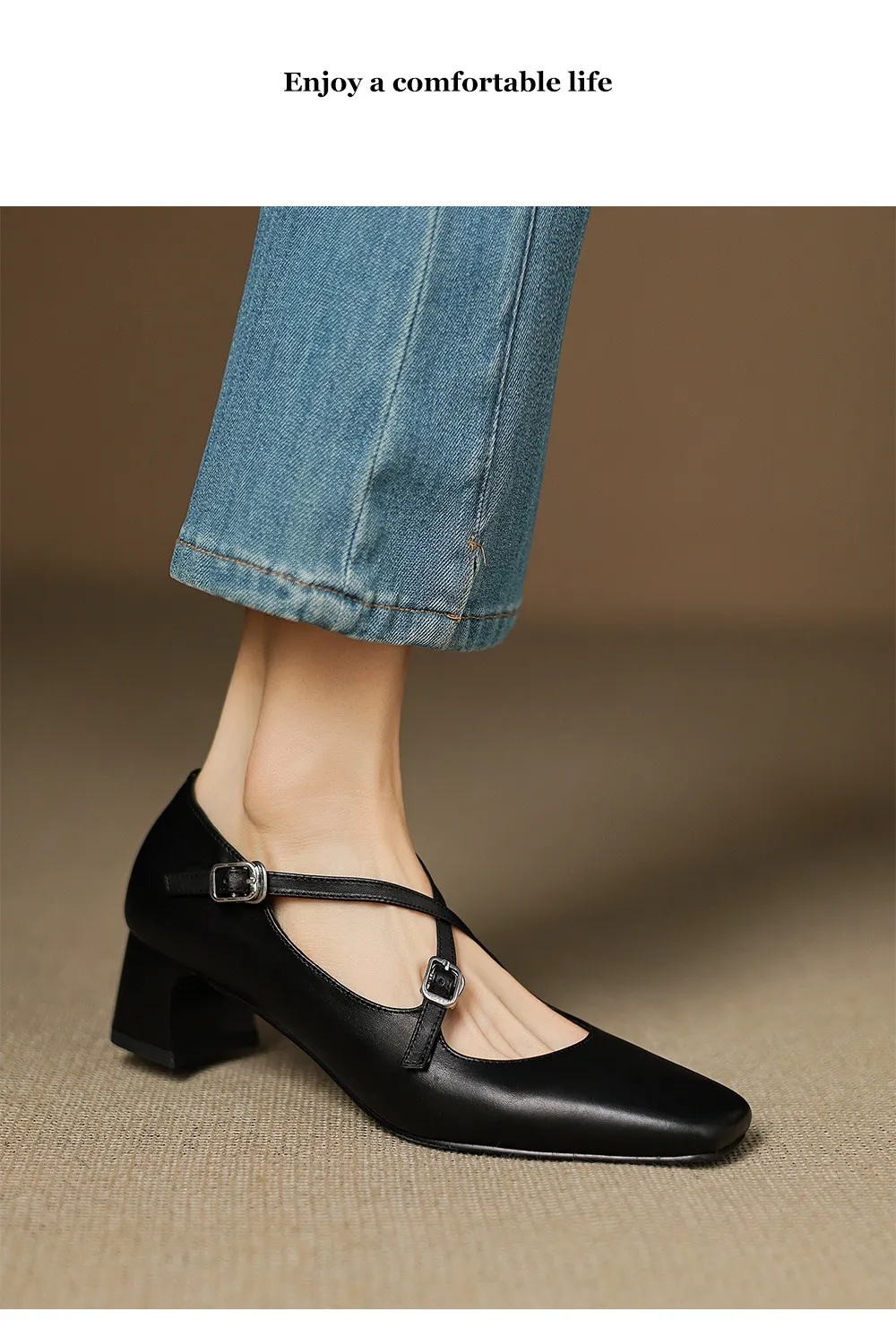 Plus-size early spring Mary Jane shoes with chunky heels, made of first-layer washed cowhide, with buckles.