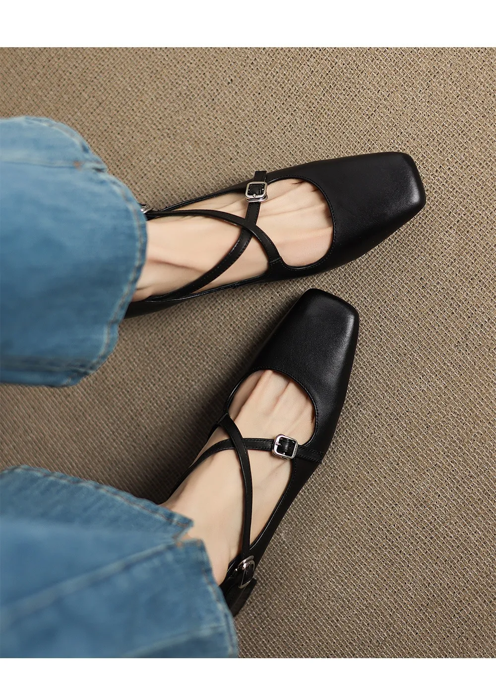 Plus-size early spring Mary Jane shoes with chunky heels, made of first-layer washed cowhide, with buckles.