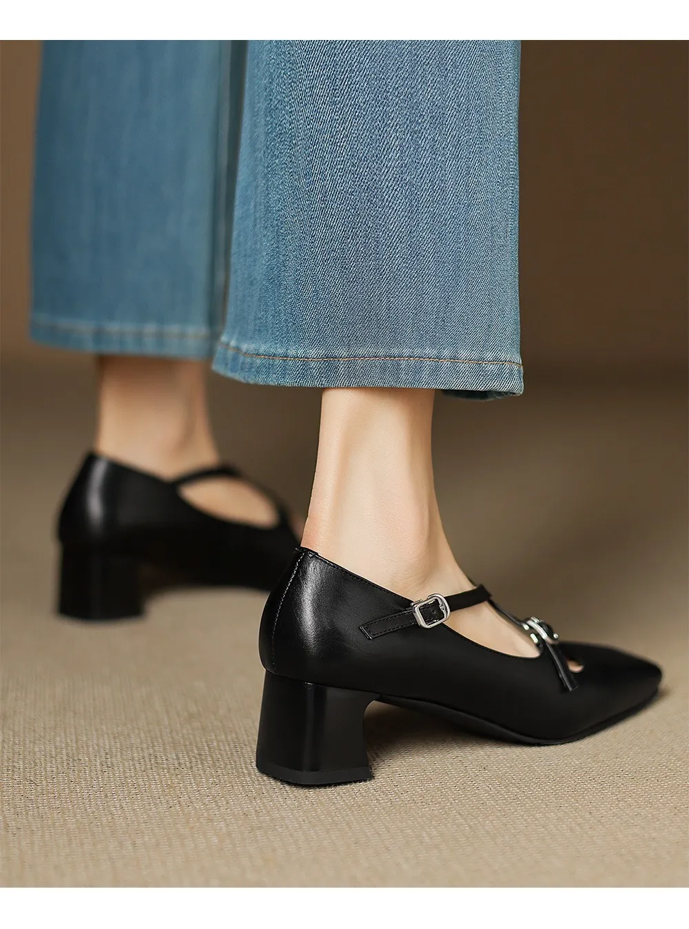 Plus-size early spring Mary Jane shoes with chunky heels, made of first-layer washed cowhide, with buckles.