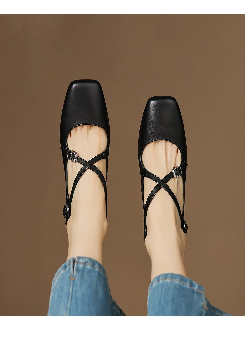 Plus-size early spring Mary Jane shoes with chunky heels, made of first-layer washed cowhide, with buckles.