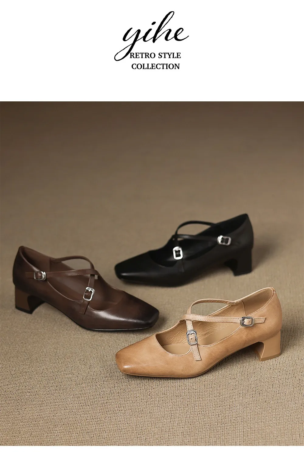 Plus-size early spring Mary Jane shoes with chunky heels, made of first-layer washed cowhide, with buckles.