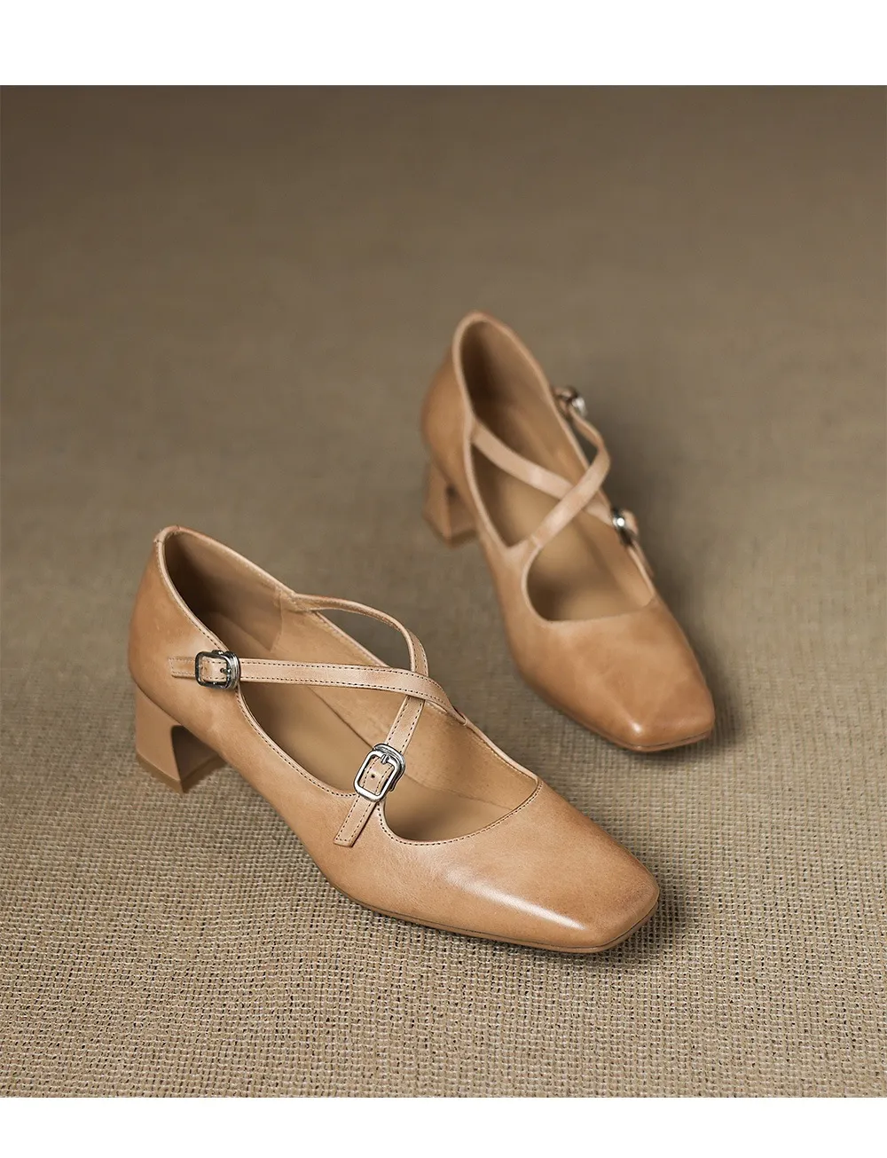 Plus-size early spring Mary Jane shoes with chunky heels, made of first-layer washed cowhide, with buckles.