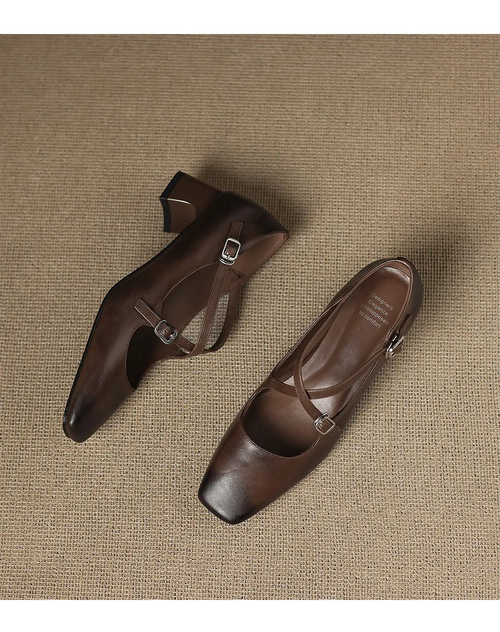 Plus-size early spring Mary Jane shoes with chunky heels, made of first-layer washed cowhide, with buckles.