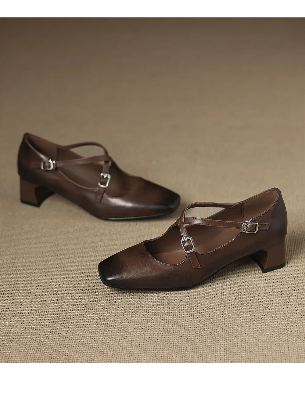 Plus-size early spring Mary Jane shoes with chunky heels, made of first-layer washed cowhide, with buckles.