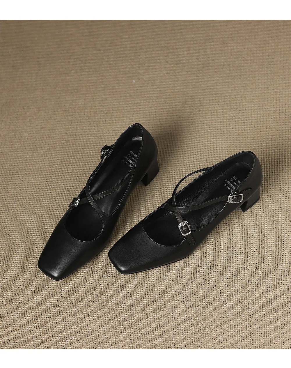 Plus-size early spring Mary Jane shoes with chunky heels, made of first-layer washed cowhide, with buckles.