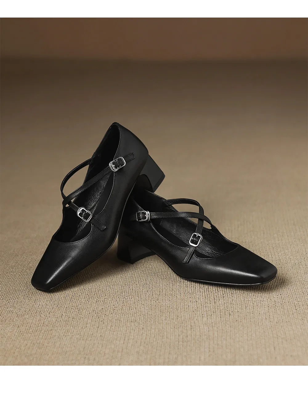Plus-size early spring Mary Jane shoes with chunky heels, made of first-layer washed cowhide, with buckles.