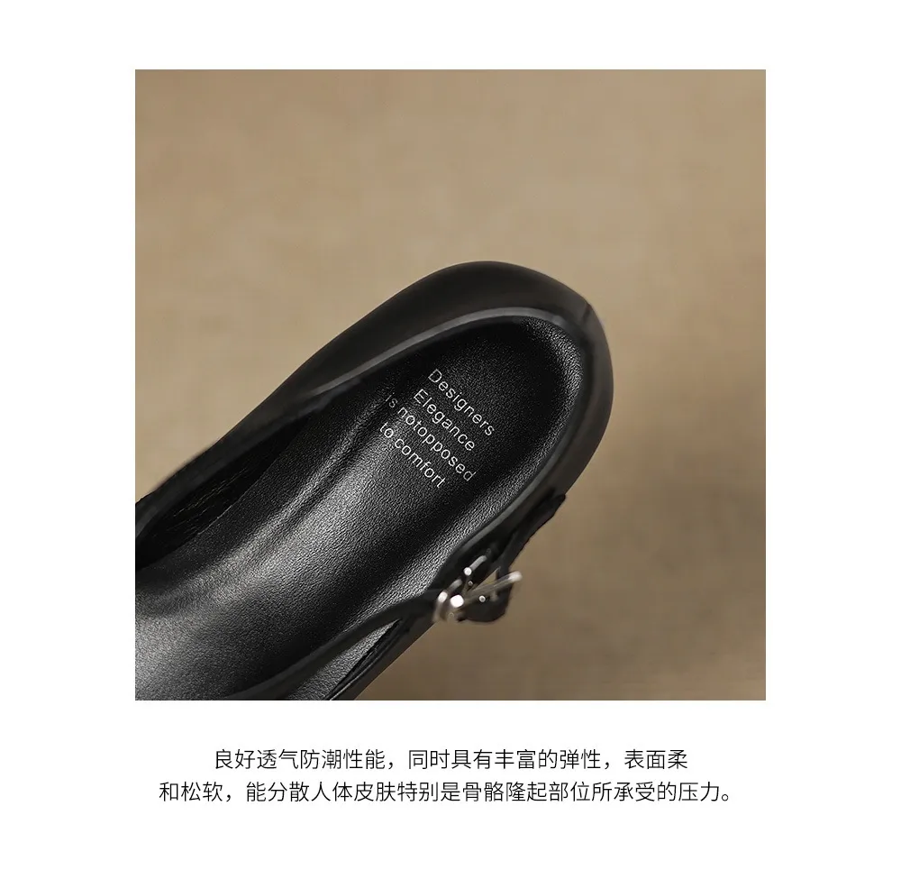 Plus-size early spring Mary Jane shoes with chunky heels, made of first-layer washed cowhide, with buckles.