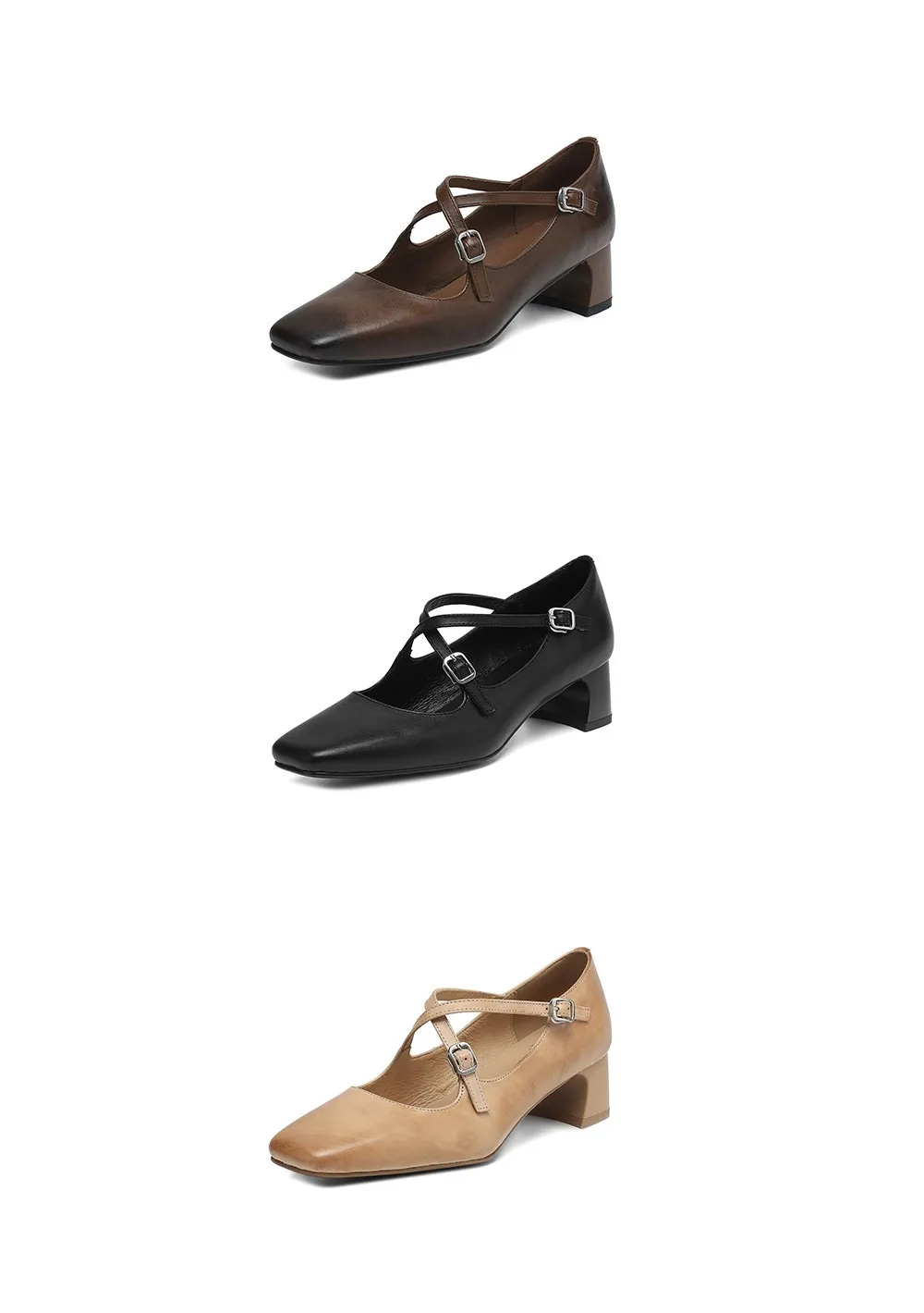 Plus-size early spring Mary Jane shoes with chunky heels, made of first-layer washed cowhide, with buckles.