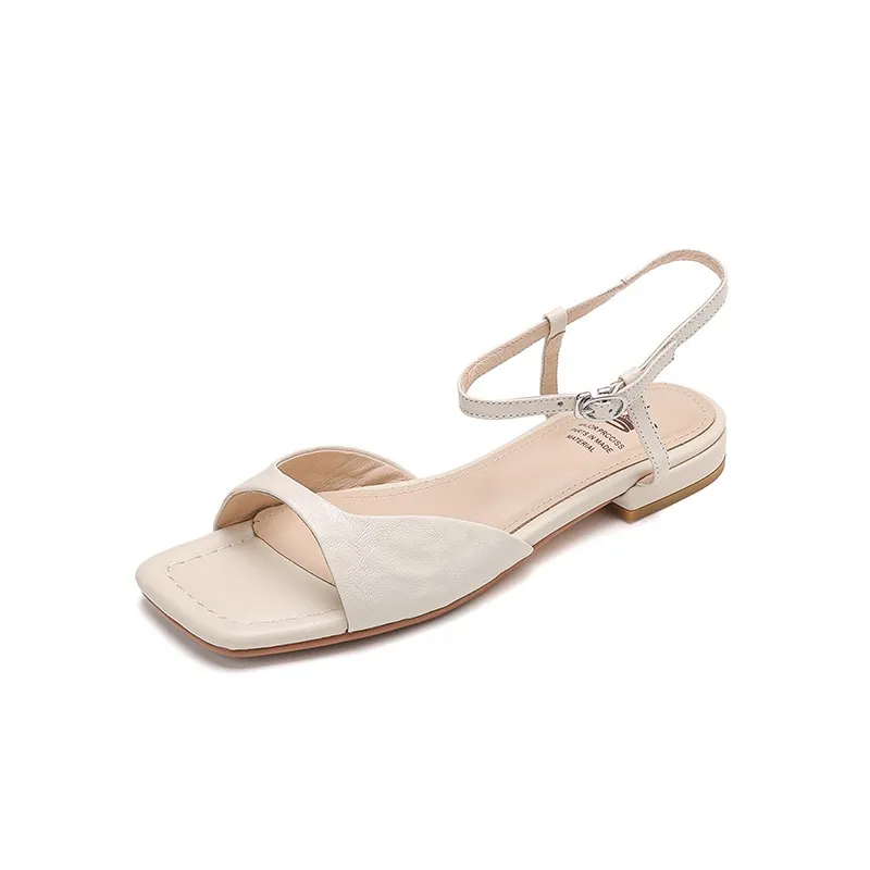 Flat, low-heeled, French retro buckle strap peep-toe sandals, summer simple square toe open-toe women's shoes