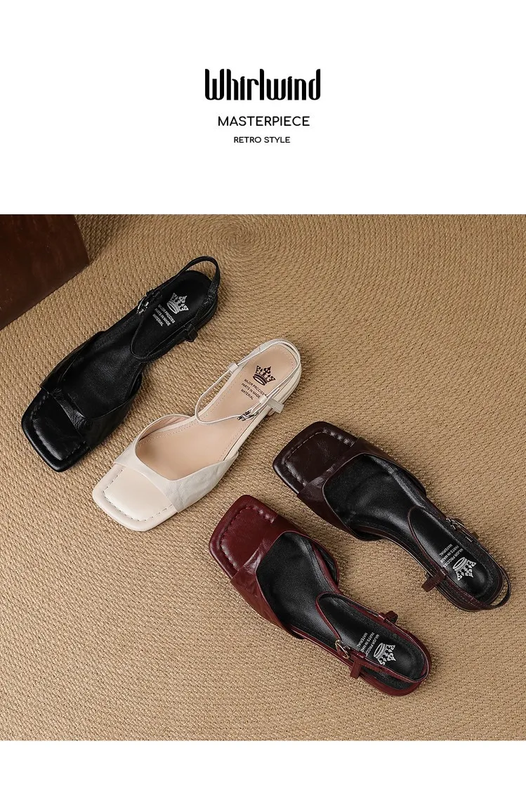 Flat, low-heeled, French retro buckle strap peep-toe sandals, summer simple square toe open-toe women's shoes