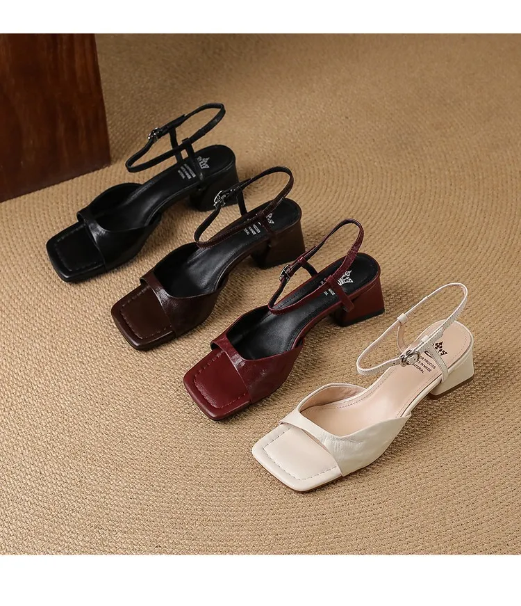 Flat, low-heeled, French retro buckle strap peep-toe sandals, summer simple square toe open-toe women's shoes