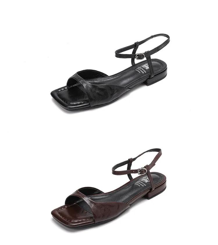 Flat, low-heeled, French retro buckle strap peep-toe sandals, summer simple square toe open-toe women's shoes