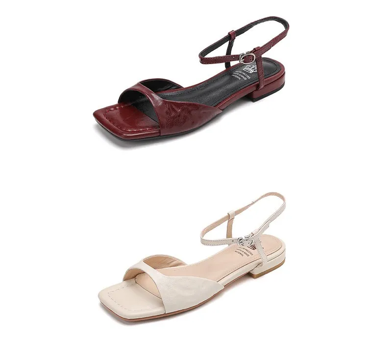 Flat, low-heeled, French retro buckle strap peep-toe sandals, summer simple square toe open-toe women's shoes