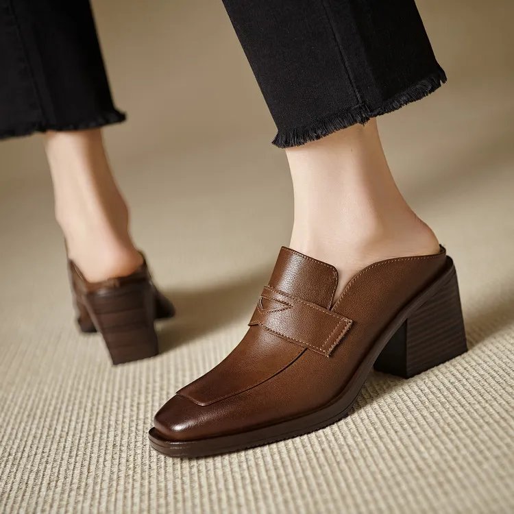 Women's slippers, summer fashion, suitable for spring and summer, British style, chunky heel, genuine leather, plus size