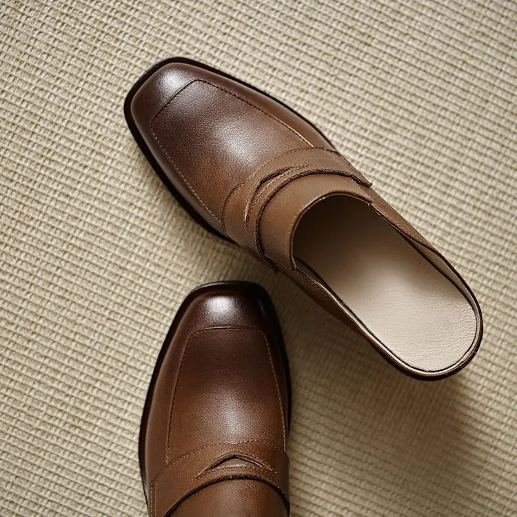 Women's slippers, summer fashion, suitable for spring and summer, British style, chunky heel, genuine leather, plus size