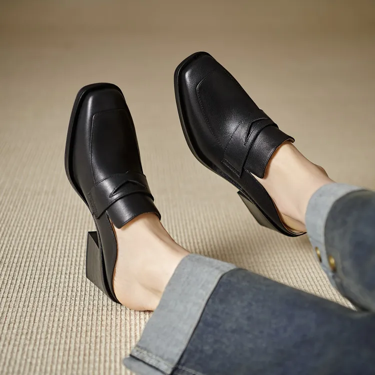 Women's slippers, summer fashion, suitable for spring and summer, British style, chunky heel, genuine leather, plus size
