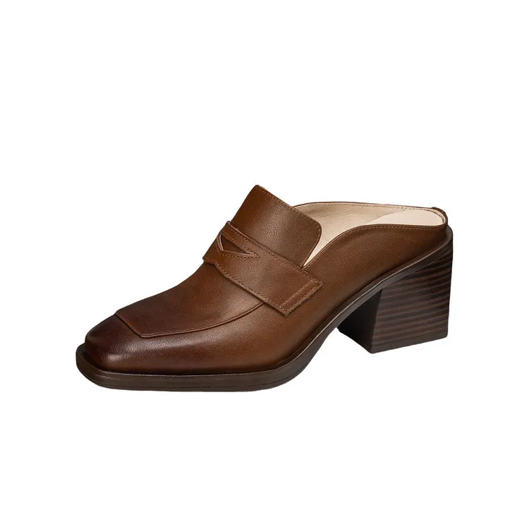 Women's slippers, summer fashion, suitable for spring and summer, British style, chunky heel, genuine leather, plus size
