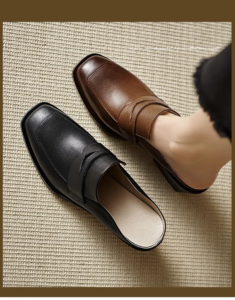 Women's slippers, summer fashion, suitable for spring and summer, British style, chunky heel, genuine leather, plus size