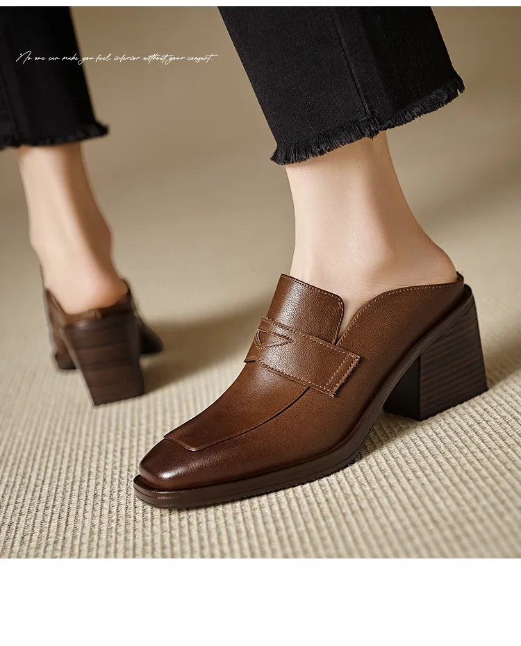 Women's slippers, summer fashion, suitable for spring and summer, British style, chunky heel, genuine leather, plus size