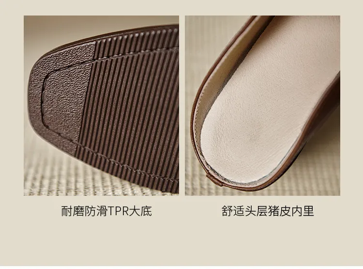 Women's slippers, summer fashion, suitable for spring and summer, British style, chunky heel, genuine leather, plus size