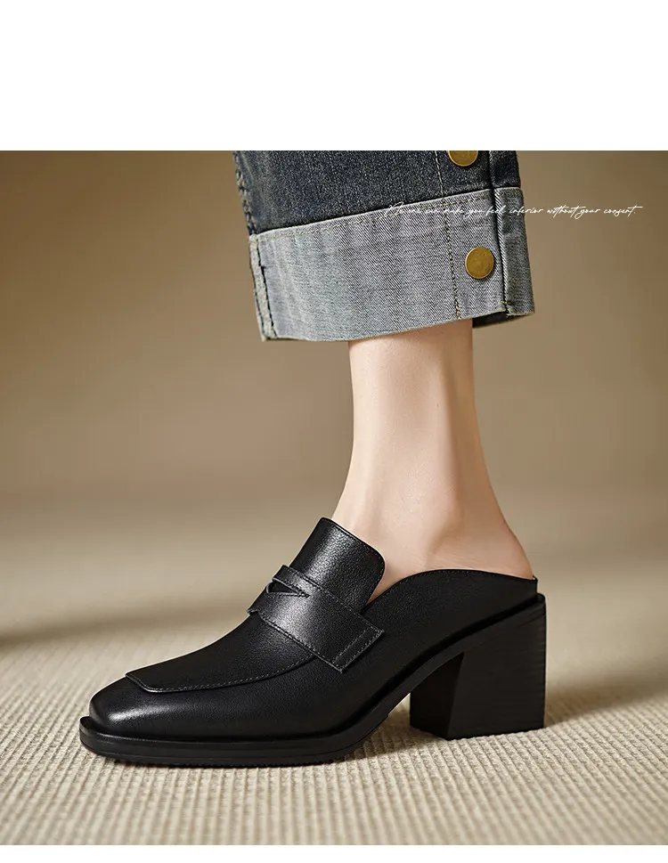 Women's slippers, summer fashion, suitable for spring and summer, British style, chunky heel, genuine leather, plus size
